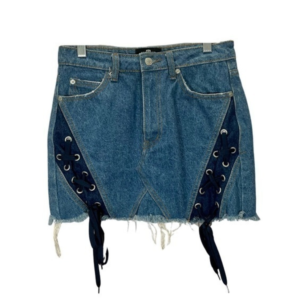 Luxe Boutique Women’s Medium Wash Blue Lace Up Front Distressed Mini Skirt